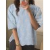 Embroidered Round Neck Puff Sleeve Casual Blouse