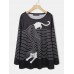 Women Striped Cartoon Cat Round Neck Casual Relaxed Fit Long Sleeve T  Shirt