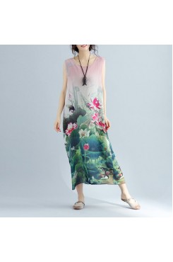 boutique pink floral cotton dresses casual sleeveless cotton maxi dress vintage side open cotton clothing