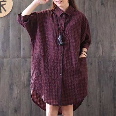 New cotton blended blouse casual Loose Casual Plaid Single Breasted Women Red Shirt