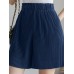 Solid Fold Pleated Pocket Elastic Waist Casual Shorts