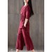 French red cotton clothes For Women Fitted linen wide leg pants two pieces Maxi o neck Chinese Button tops