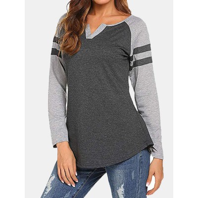 Women Casual Raglan Sleeve V  Neck Plus Size Patchwork T  shirts