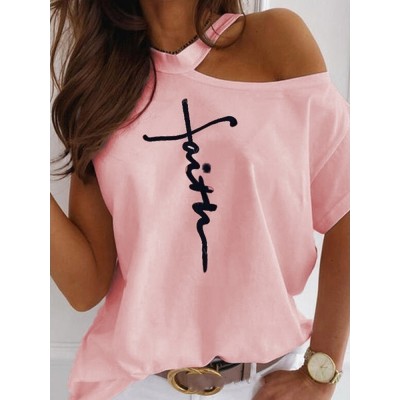 Women Script Print Design Shoulder Casual Short Sleeve T  Shirts