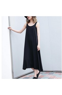 2019 black long cotton dress trendy plus size sleeveless caftans Elegant wild dress