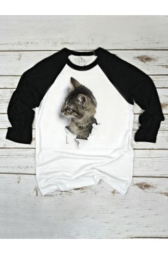 Women 3D Cat Patchwork Raglan Sleeve Round Neck Casual T  Shirt