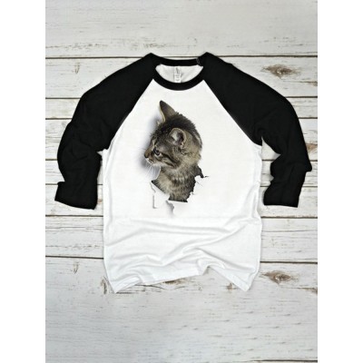 Women 3D Cat Patchwork Raglan Sleeve Round Neck Casual T  Shirt