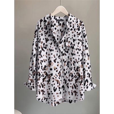 Leopard Pocket Button Long Sleeve Shirt