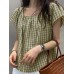 Plaid Square Collar Short Sleeve Casual Blouse