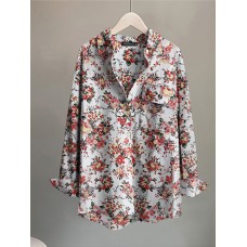 Flower Print Pocket Button Long Sleeve Shirt