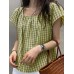 Plaid Square Collar Short Sleeve Casual Blouse