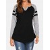 Women Casual Raglan Sleeve V  Neck Plus Size Patchwork T  shirts