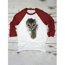 Women 3D Cat Chest Print Patchwork Raglan Sleeve Round Neck Causal T  Shirt