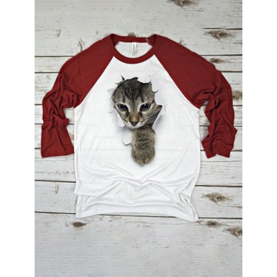 Women 3D Cat Chest Print Patchwork Raglan Sleeve Round Neck Causal T  Shirt