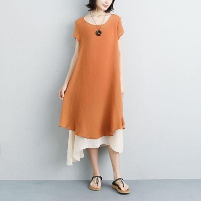 fashion linen sundress plus size False Two-piece Short Sleeve Orange Plain Dress