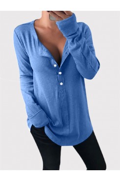 Women Solid Color Half Button Cotton Casual Loose Long Sleeve T  Shirt