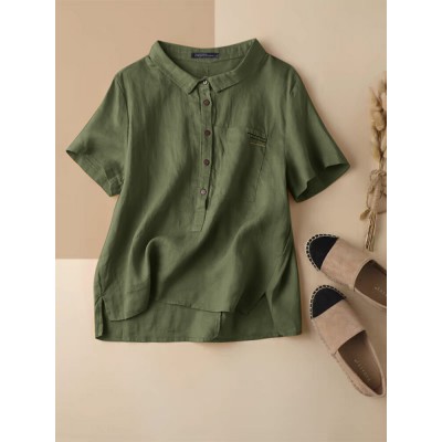 Cotton Solid Button Pocket Embroidered Lapel Casual Blouse