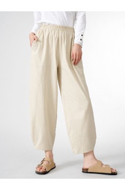 Women Solid Elastic Waist Dual Pocket Wide Leg Pants