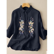 Embroidered Button Lapel Split Casual Cotton Shirt