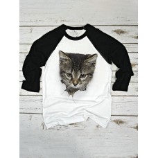 Women 3D Cute Cat Print Raglan Sleeves Regular Fit Round Neck Casual T  Shirt