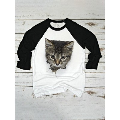 Women 3D Cute Cat Print Raglan Sleeves Regular Fit Round Neck Casual T  Shirt