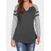 Women Casual Raglan Sleeve V  Neck Plus Size Patchwork T  shirts