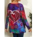 Women Graffiti Heart Floral Print Round Neck Casual Long Sleeve T  Shirt