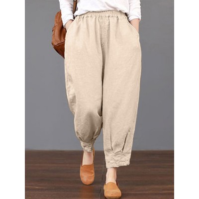 Solid Elastic Waist Pocket Pants For Women