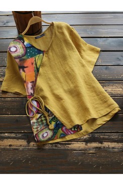 Women Vintage Print Cotton Tie Side Short Sleeve Loose T  Shirts
