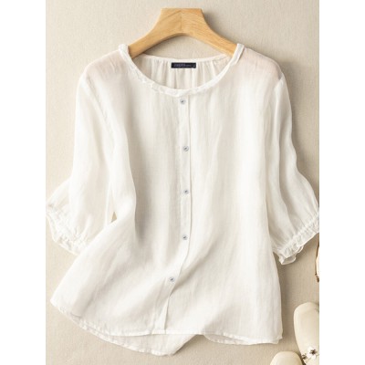 Lettuce Edge Crew Neck Solid Button 3 4 Sleeve Blouse