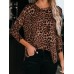 Women Leopard Print Slit Zipper Hem Long Sleeve Casual T  Shirts