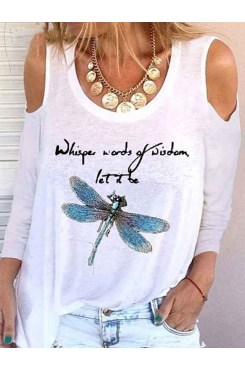 Women Letter Print Dragonfly Pattern Scoop Neck Long Sleeve Casual T  Shirts