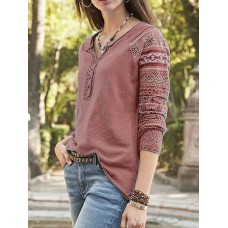 Women Random Print Long Sleeve Button Knit Ethnic Bohemia T  Shirts