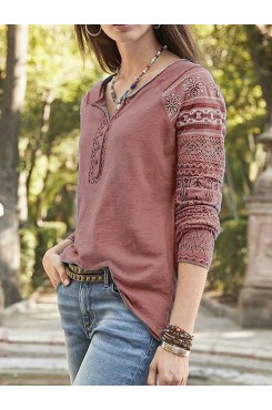 Women Random Print Long Sleeve Button Knit Ethnic Bohemia T  Shirts