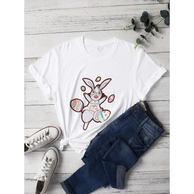 Easter Rabbits Print O  neck Short Sleeve Plus Size T  shirt