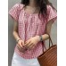 Plaid Square Collar Short Sleeve Casual Blouse