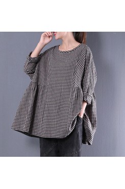 fine cotton blended blouses oversized Casual Round Neck Long Sleeve Spring Lattice Shirt