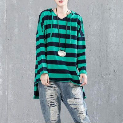 fine cotton blouse Loose fitting Casual Bat Sleeve Hooded Stripe Shirt